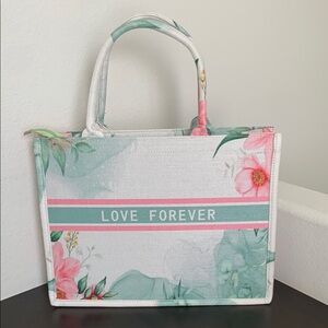 Amazon Green and White Weekend / Beach or Bridal Tote Bag with Floral Design.